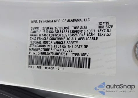2020 Honda Odyssey Ex-L/Ex-L W/Navi Res из США, поврежденный, VIN 5FNRL6H70LB035761